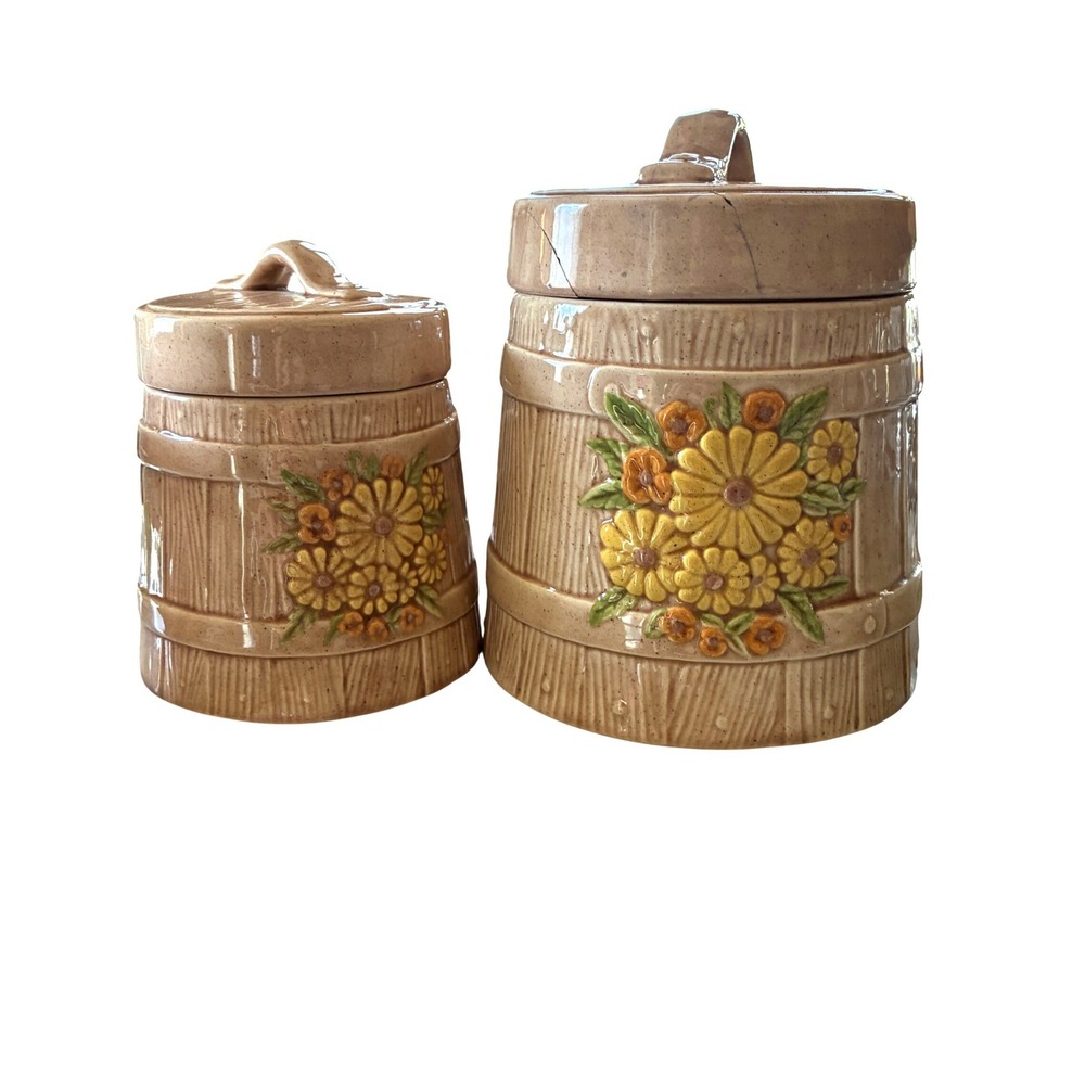 Vintage Cottage Barrel Ceramic Canister Set Sunflower Vintage 2pc Handmade